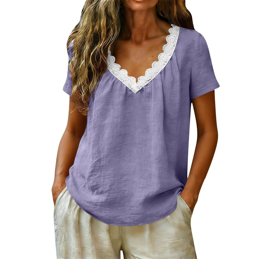 Womens V Neck Linen Short Sleeve Blouse Lightweight Relaxed Fit Summer Top with Lace Trim for Casual Wear Office Daily Use