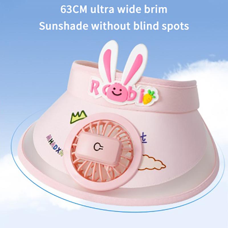Cute Rabbit Kids Cooling Sun Visor Hat Solar Powered Fan UPF50 UV Protection for Beach Trip