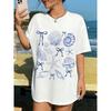 Plus Size - Plus Size - Chic White Oversized Featuring Blue Seashell Starfish and Bow Line Art - Perfect for Casual