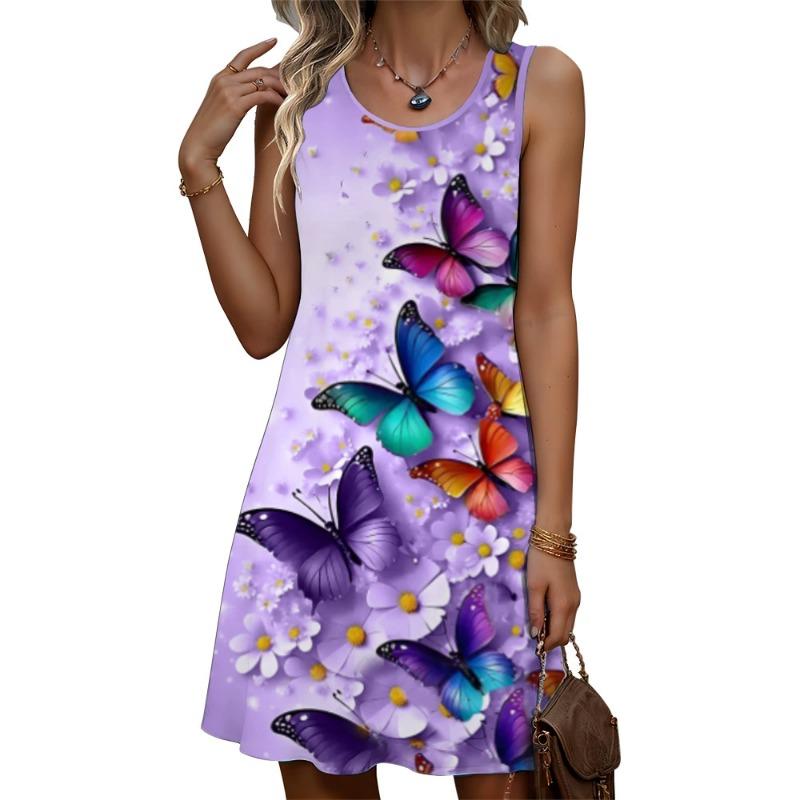 

Women Fashion Butterfly Pattern Mini Dresses Summer Sleeveless Printed Street Trend Ladies Dress Size Casual Dress S