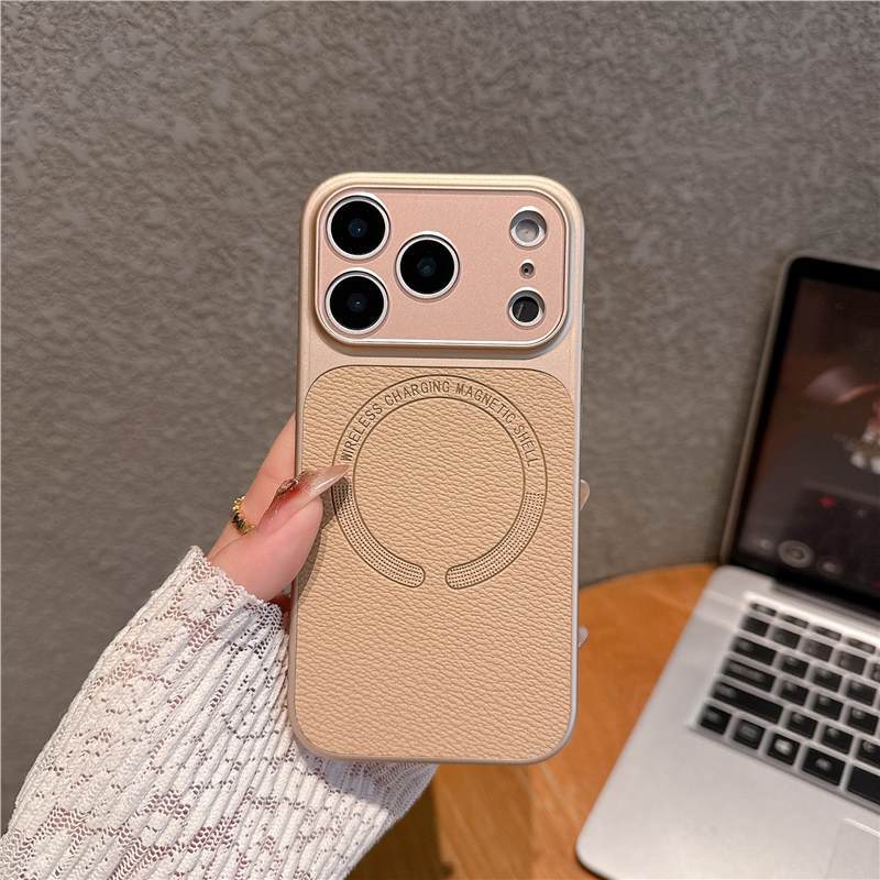 Small V pattern magnetic attraction is suitable for iPhone17Pro mobile phone case crystal lens Apple 16 lychee pattern 15 anti-drop cover 14.