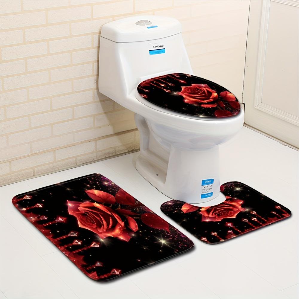 Crystal Red Rose Bathroom Floor Mat Set 3pcs Non-Slip Absorbent Toilet Lid Cover U-Shaped Rug and Decorative Bath Mat
