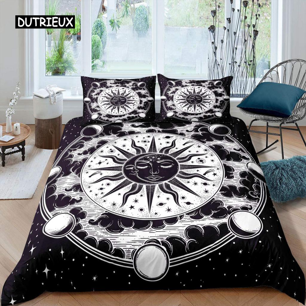 Sun Moon Duvet Cover Set Queen Microfiber Bohemian Black and White Print Yin Yang Comforter Cover Galaxy Star Twin Bedding Set