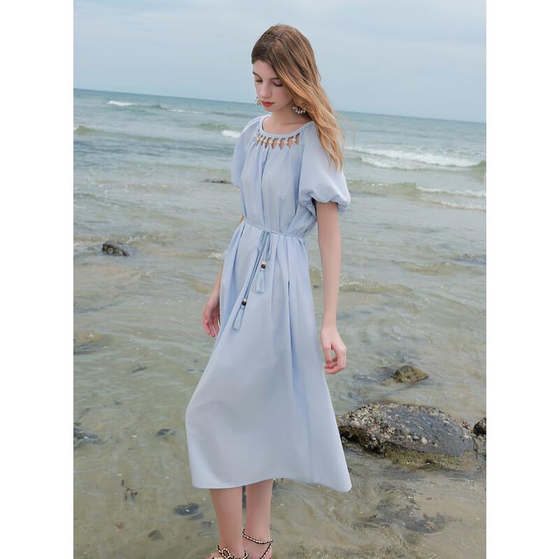Sancai 2025 Summer Hollow Out Shirred A-Line Maxi Dress