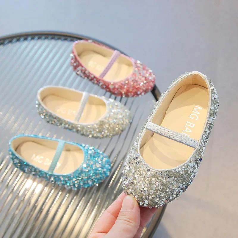 Children's New Single Shoe Girls' Fashion Show Sequined Crystal Shoes Baby Baotou Fashionable Soft Soled Princess Shoes