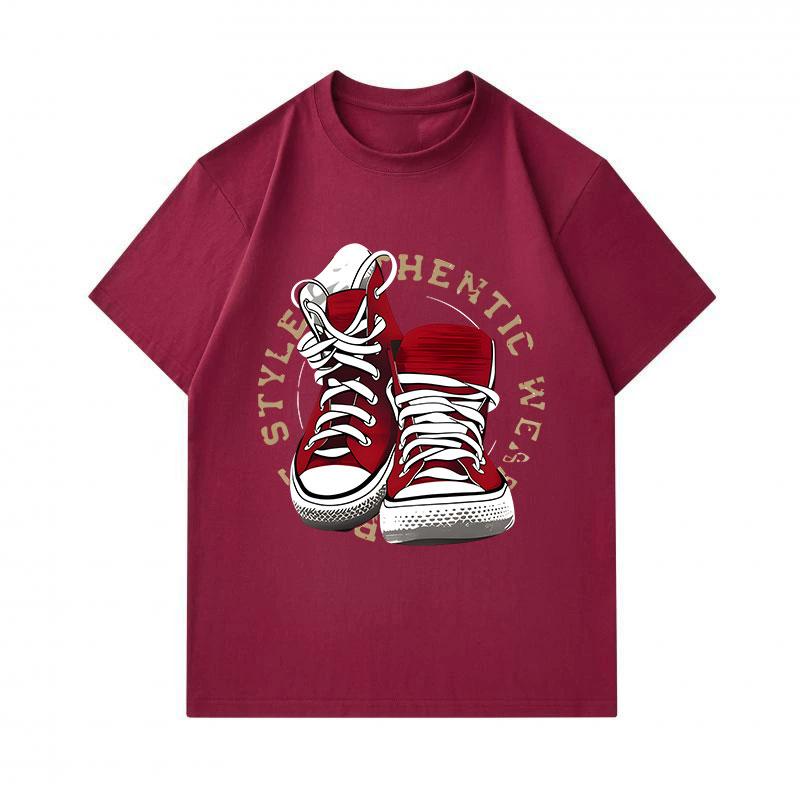 Men's 100% Cotton Crew Neck Short Sleeve T-Shirt, Retro Red Canvas Sneaker Printed Casual Comfortable Tee, Stylish Authentic Streetwear Daily Fashion