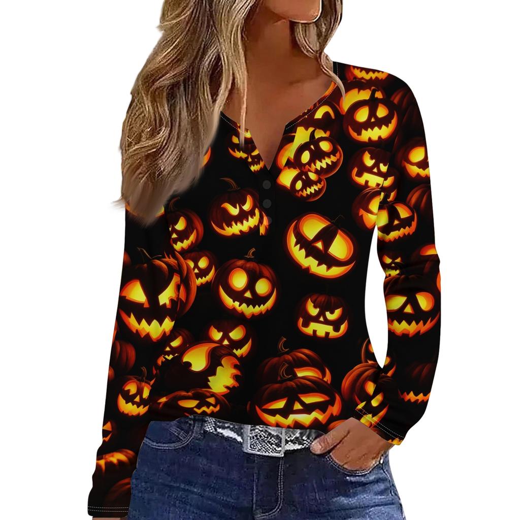 Women's Fashion Casual Halloween Printed V-Neck Button Trim Long Sleeve T-Shirt Top