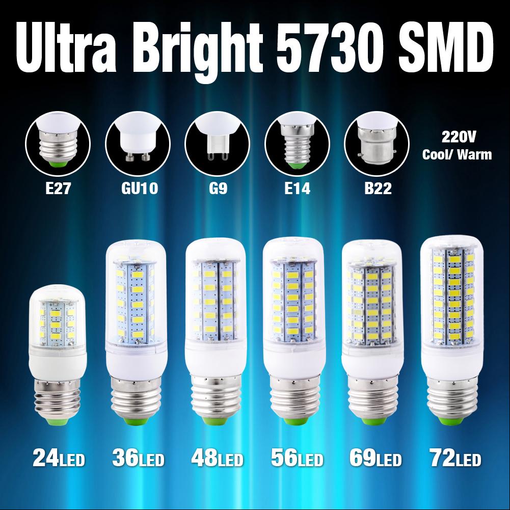 7W 9W 12W 15W 20W 25W 5730 SMD LED Corn Bulb Lamp 220V E27 B22 GU10 E14 ...