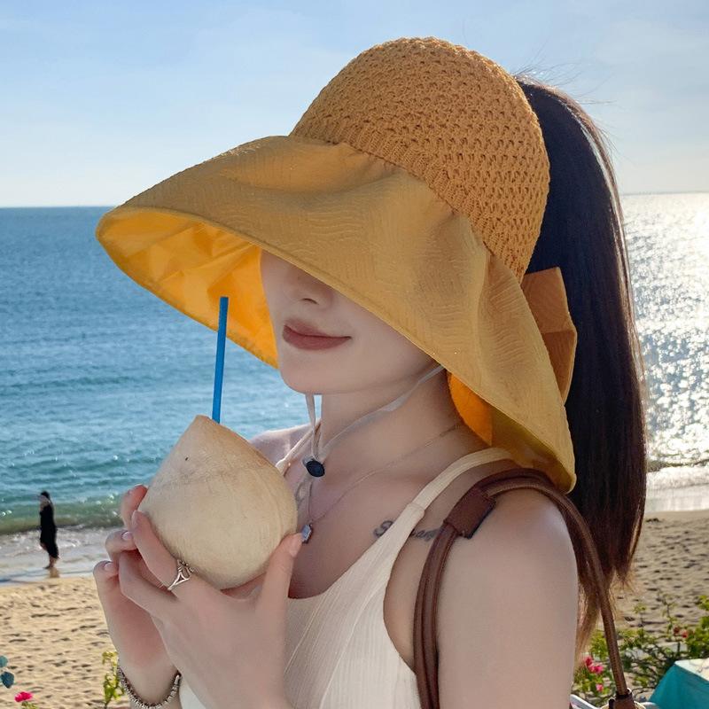 Mode Atmungsaktiver Fischerhut Breite Krempe Gesichts- und Nackenschutz Strand Sonnenhut Große Schleife Visorhut Sommer
