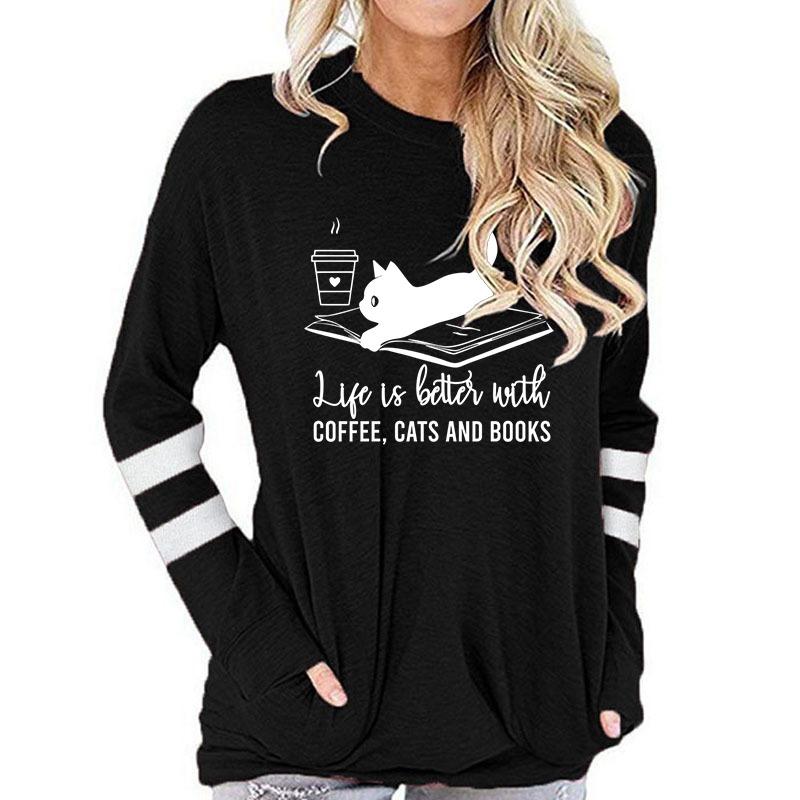 Long Sleeve T-shirt Women Books Lovers Tops Tees Life Is Better with Coffee Cat and Books Print Women Tshirt