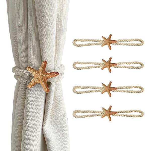 4 Pcs Natural Starfish Curtain Tiebacks, Handmade Woven Rope Curtain-Ties Scandinavian Minimalist Style Curtain Spreader for Outdoor, Hotel, Bedroom