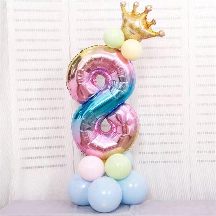 Gradient Color Crown Number Balloon Pillar, 32-40 Inch, First Birthday Party Decoration
