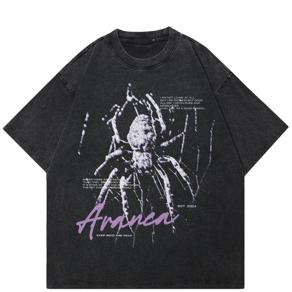 Tricou unisex cu grafică păianjen de stradă Tricou negru spălat din bumbac Tricou unisex Tricou Tricou cu mâneci scurte de vară