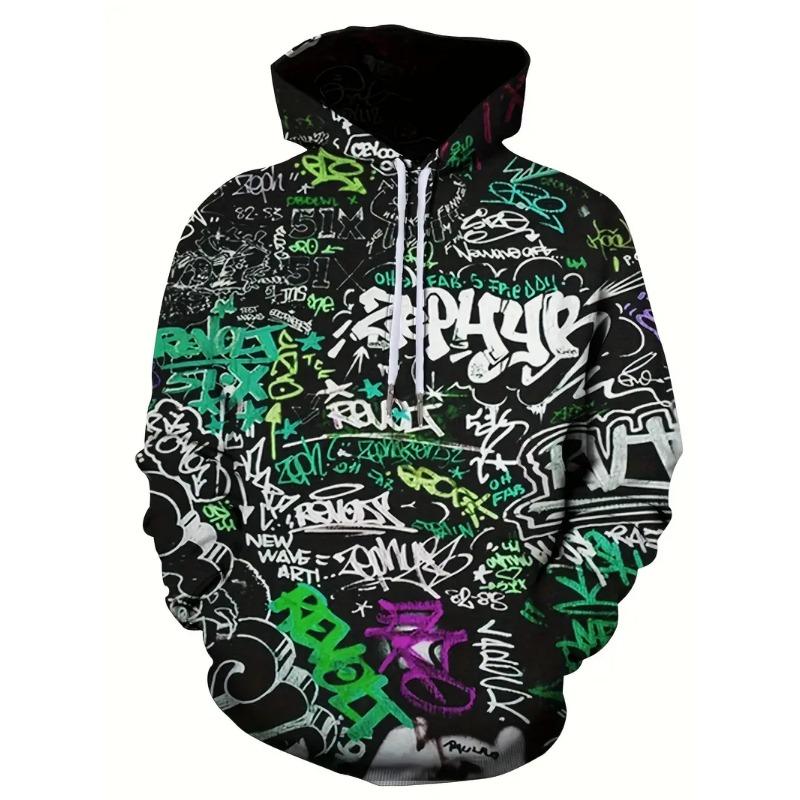 Men's Painted Graffiti Flow Printed Hoodie Casual Trendy Long Sleeve Sports Top Street Men's Colorful Pattern Hoodie