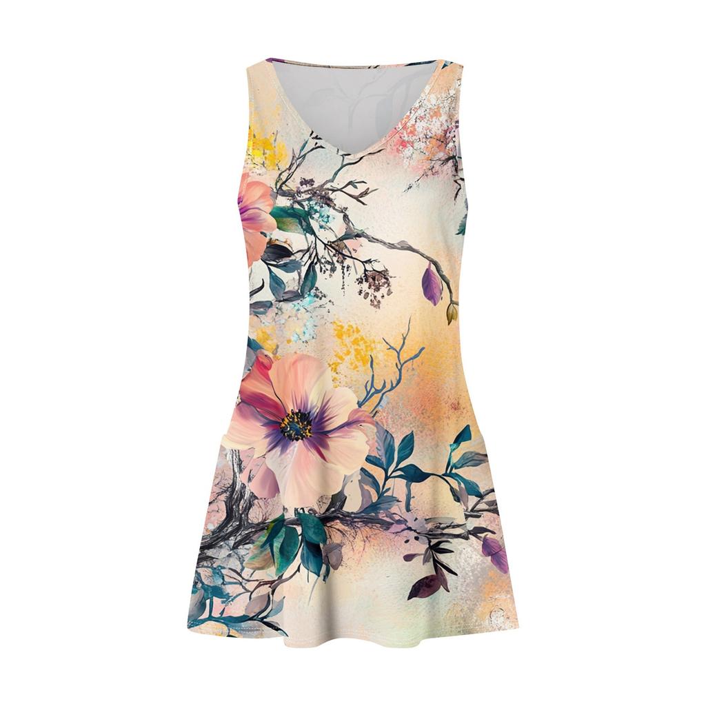 Women's Floral Print Dress, Vest, Skirt With Pockets, Beach Skirt, V-Neck Vest Skirt