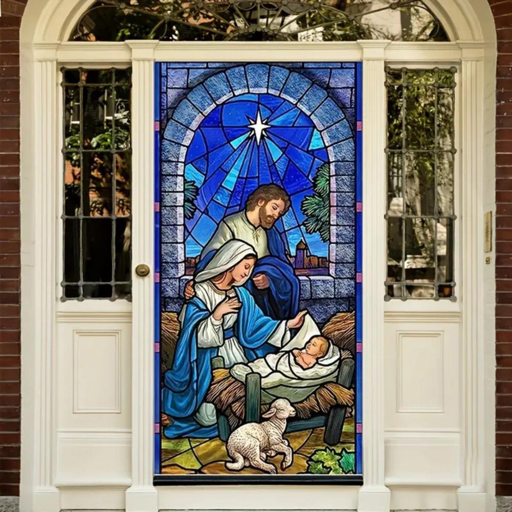 Christmas Decoration Fabric Door Banner Christmas Door Cover Set Nativity Scene Banner Decorations for Holy Night Xmas Door Sign