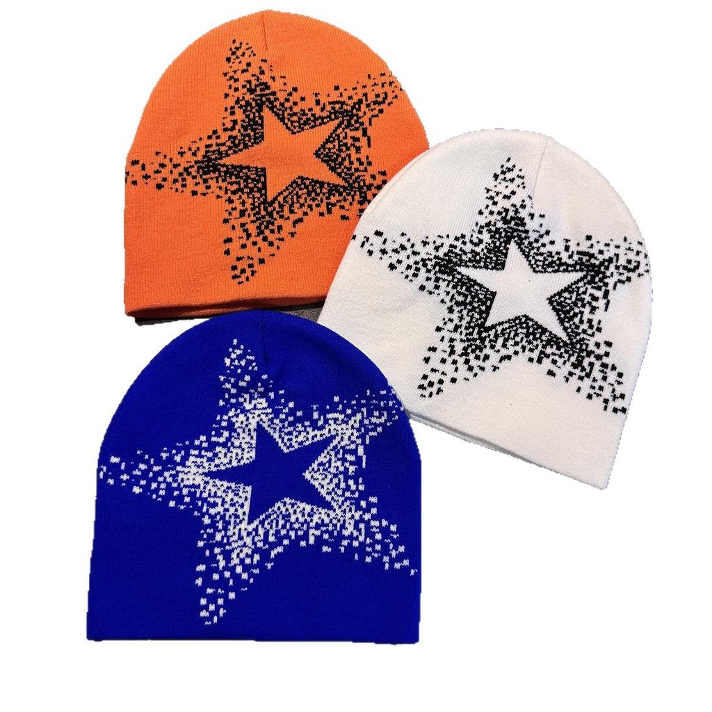 Low MOQ Cuffless Jacquard Acrylic Beanie All Print Y2K Street Hip-hop Fashion Star Pattern Custom Logo Embroidery Travel