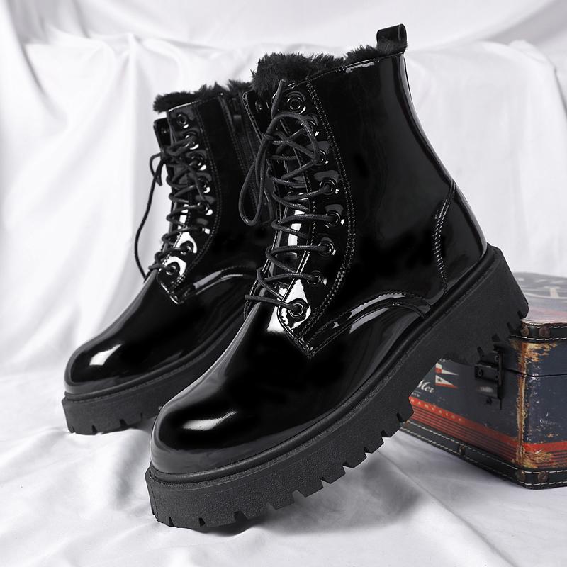 FashionHigh Ankle Boots Men Casual Footwear Punk Leather Boots for Men Winter Fur Warm Stylish Men Motorcycle Boot Big Size 37-46