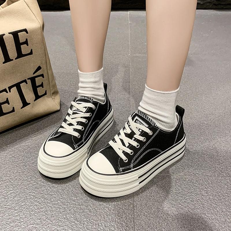 Classic White Canvas Shoes Women's Solid Lace-up Casual Thick-sole Shoes Platform Sneakers Fashionable Round-toe Walking Shoes