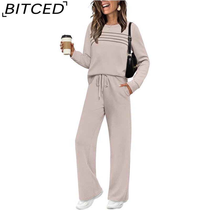 Autumn Ladies' Set: Long-Sleeved O-Neck Sweatshirt with Casual Elasticated Waist Trousers and Wide-Leg Pants
