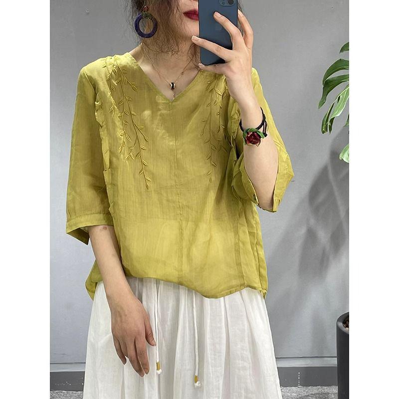 Women's V-Neck Embroidered Cotton Linen T-Shirt: Loose, Slimming, Solid Color, Five-Sleeve Summer Top