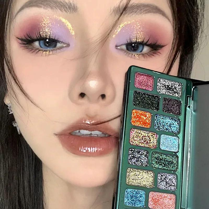 16-Color Eyeshadow Palette with Pearlescent Glitter, Glassy Crushed Diamonds, Cosplay Makeup, Dazzling Shimmer, Smoky Chameleon Stage Look