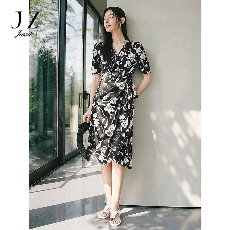 Jiuzi Anna Kou Artistic Flower V-neck Wrapped Silk Dress Tea Break Skirt Women's 2025 Summer New Style