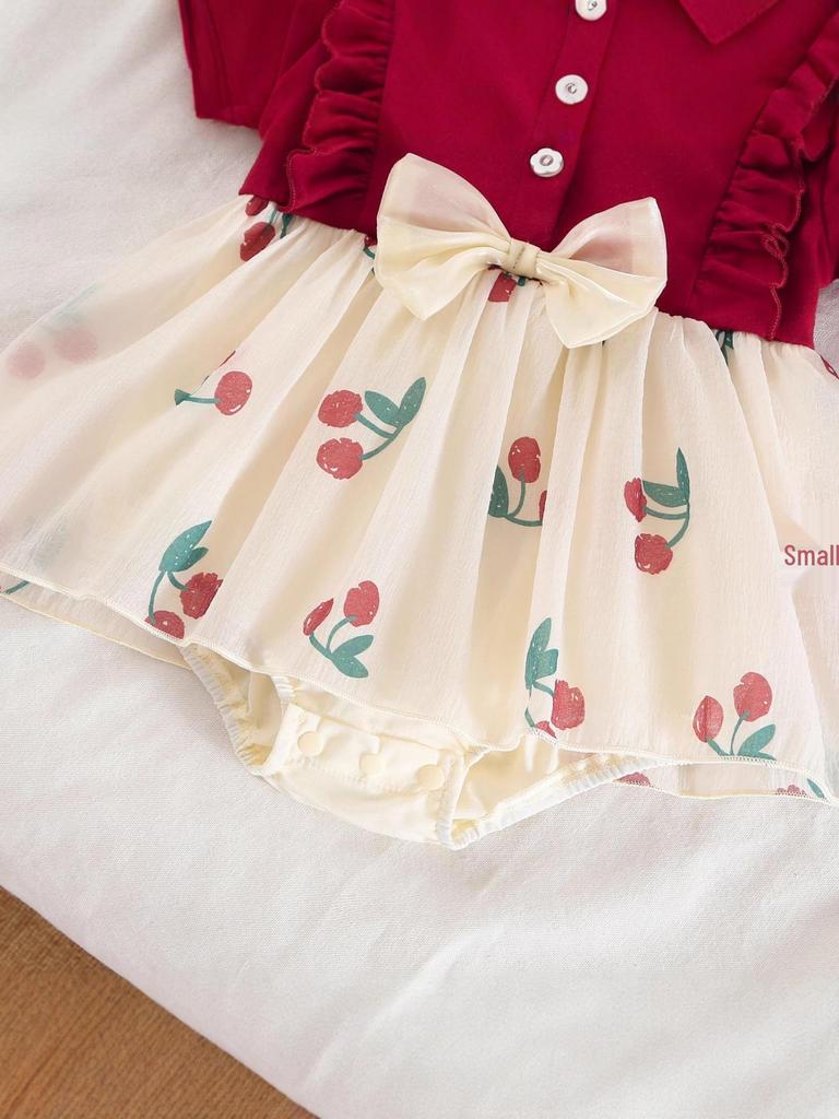 Abito Principessa con Stampa Ciliegie Rosse con Accessori per Capelli a Fiocco per Bambini