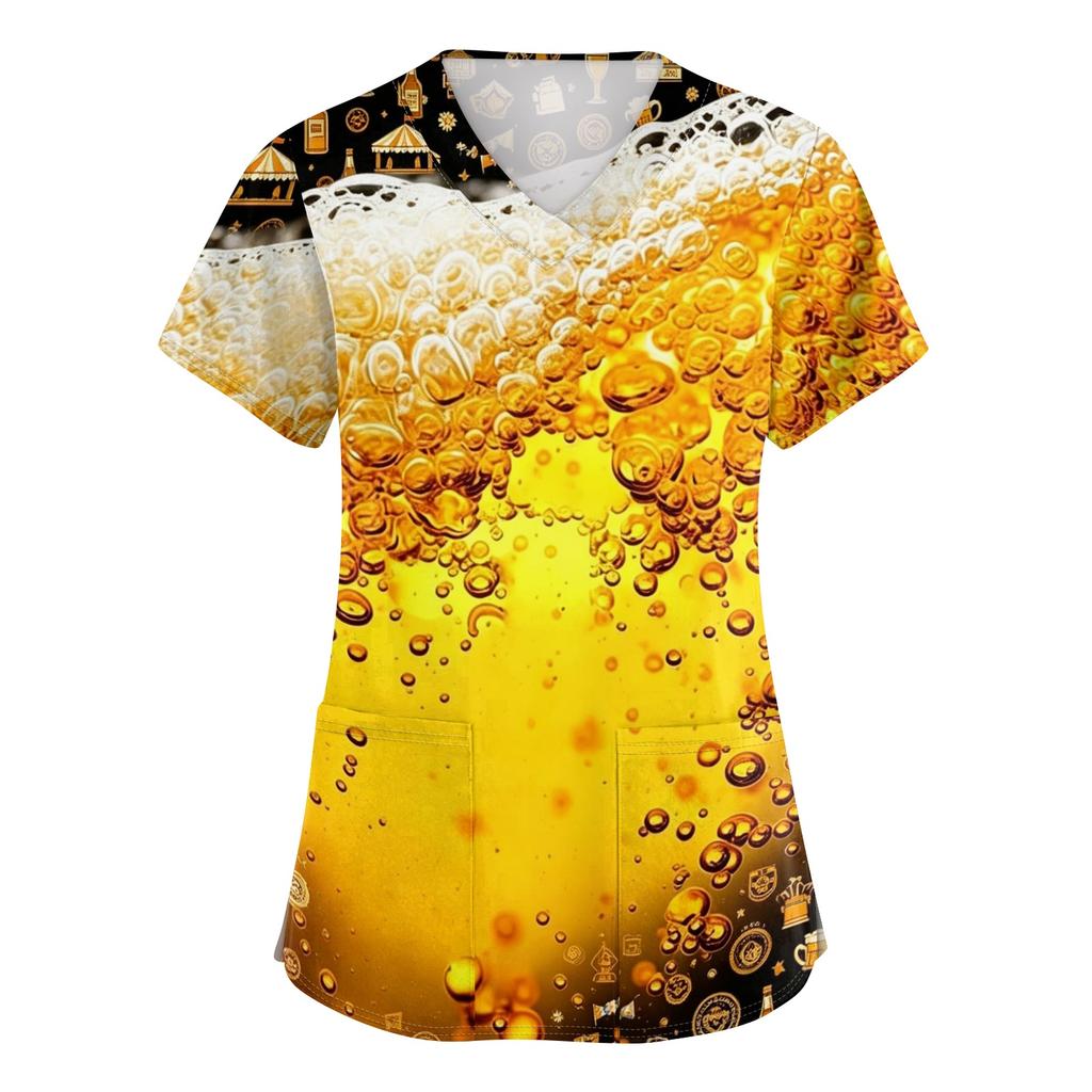Womens V Neck Short Sleeve Work Shirt with Pockets Beer Festival Print Casual Medical Scrub Top for Caregivers Nurses and Hospitality Staff