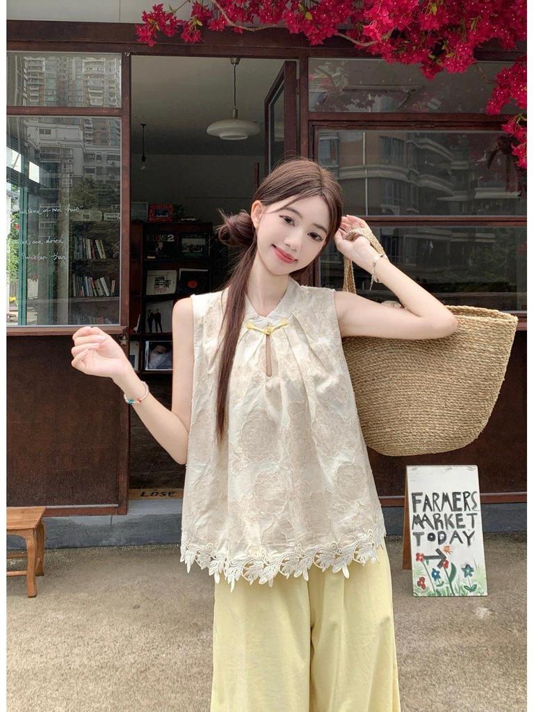 Women's Ethnic-Style Frog Button Crochet Top & Wide-Leg Pants Set - Summer 2026 Retro Fashion