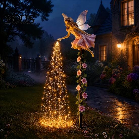 Whimsical Backyard Lighting Decor Fairy Sprinkling Magic Dust Solar Garden Light, Outdoor Front Yard Flower Bed Decorative Accents Statue