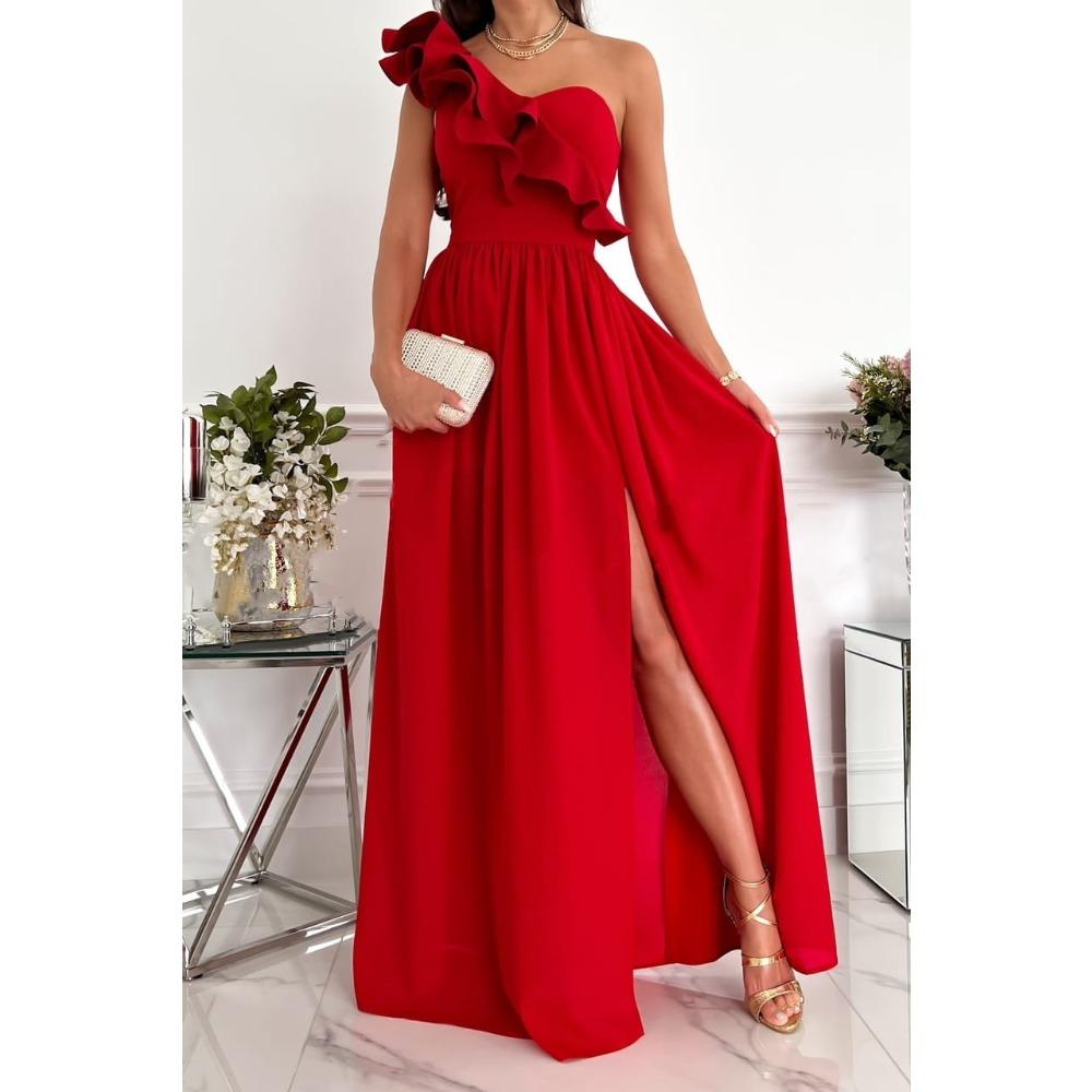 Women's One Shoulder Ruffle Maxi Dress A-Line High Waist Side Slit Solid Formal Evening Party Long Dress