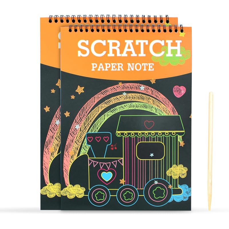 Glun Drawing Scratch Notepad With Magical Rainbow Color, 2 Pieces Notepad With Wooden Stick, Educational For Kids