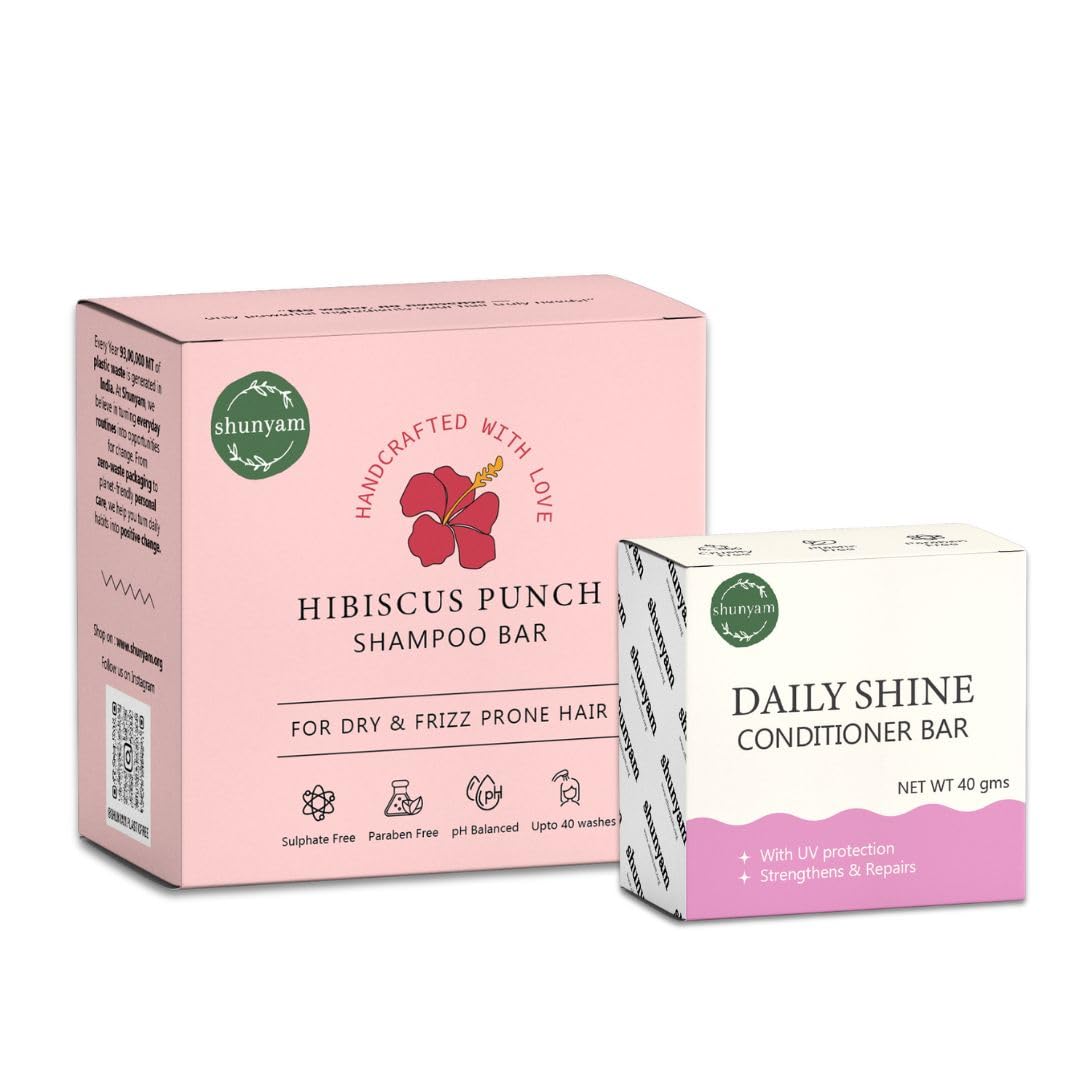 Shunyam Shampoo and Conditioner Bar Combo | Hibiscus Punch Shampoo (70g) & Rosemary Daily Shine Conditioner (40g) | Sulphate-Free, Eco-Friendly, Pl