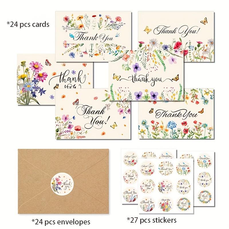 75pcs Vintage Flower Thank You Card Set, Greeting Card Set With Envelope Stickers Wedding Birthday, Adult Ceremony, Anniversary, Holiday Greeting Card