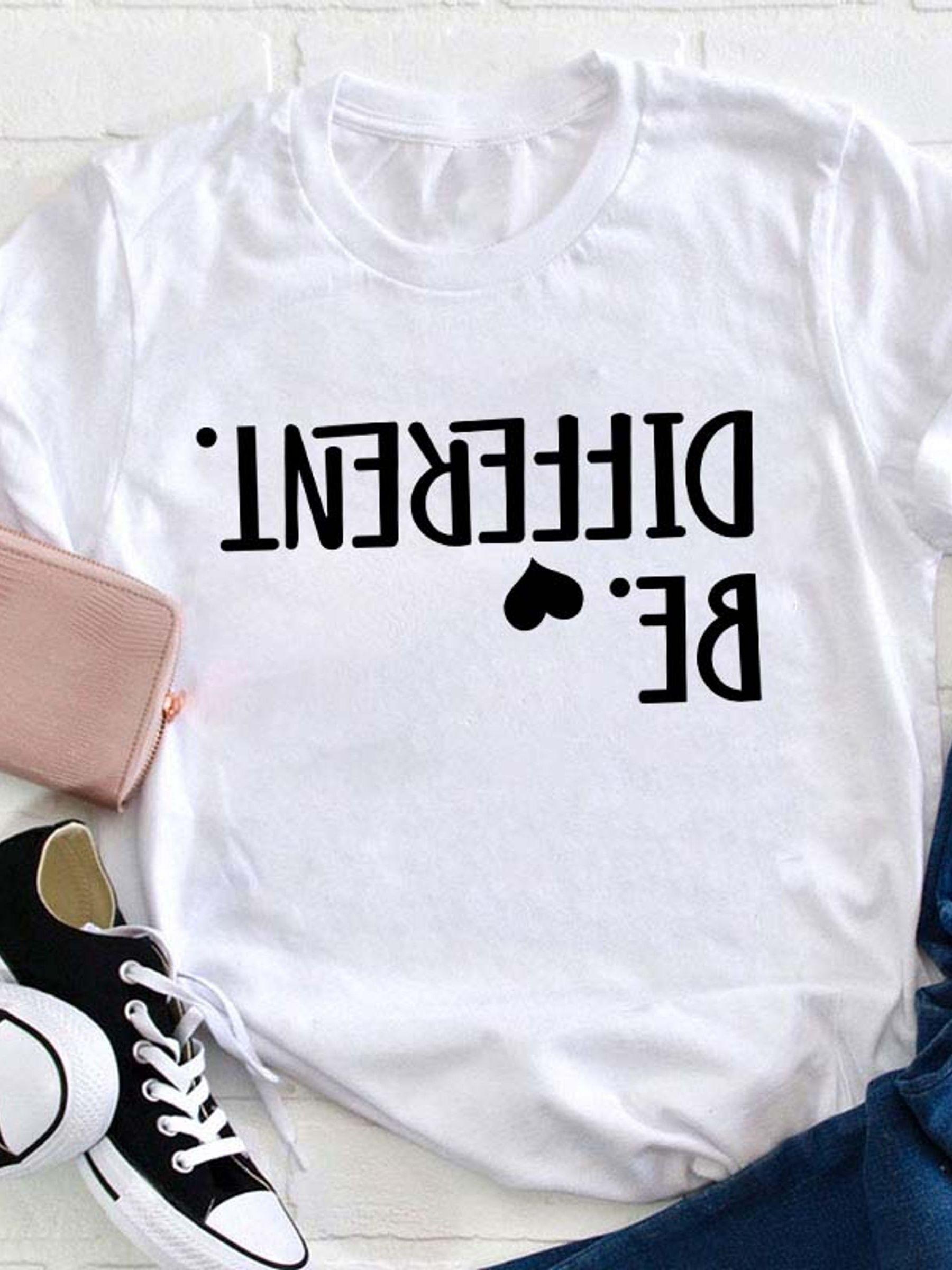 

Women s Casual Be Different Graphic T-Shirt Round Neck Tee with Bold White Letter Print Simple Design elegant casual top S