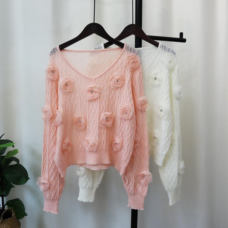 Heavy Industry Three-dimensional Flower Knitted Sweater Top Autumn New Thin Loose Sweet Gentle Sweater Pullover Woman