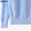 VONDA Women Autumn V-neck Long Sleeve Solid Color Pullover Sweaters