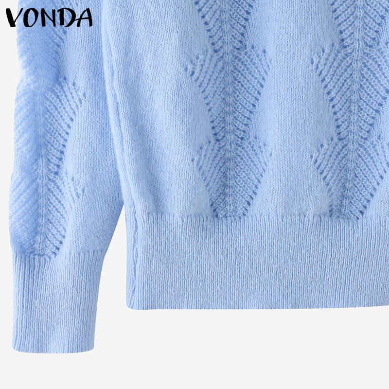 VONDA Women Autumn V-neck Long Sleeve Solid Color Pullover Sweaters