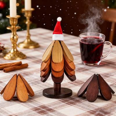 Kerstboom Onderzetter Set Houten Hittebestendige Onderzetters met Standaard Feestelijke Tafelbeschermer voor Hete Gerechten & Vakantiedecoratie