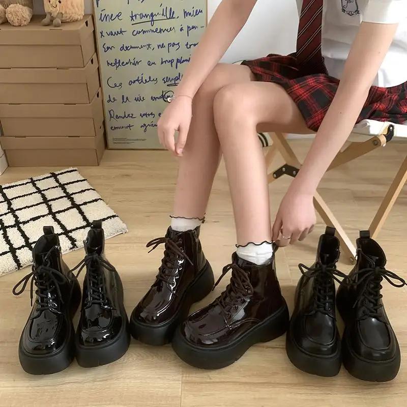 Lolita Stiefel Damen Halbschuhe Stiefel-Damen Knöchel Damen Rock Herbst Reiten Leder Retro Motorradstiefel Lack Reitstiefel