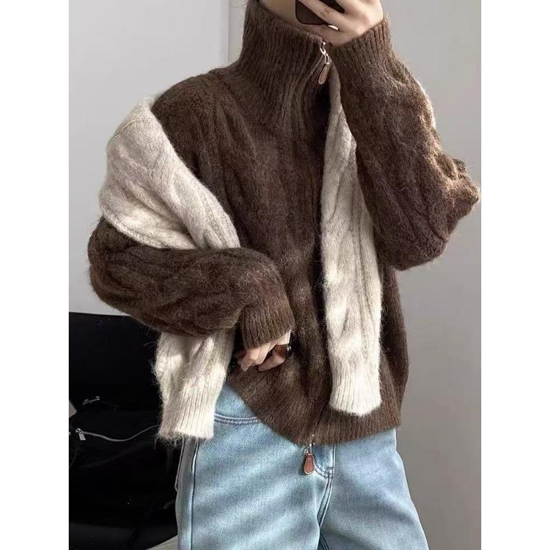 

Осенне-зимний кардиган с двойной молнией и переплетением, женская мода, элегантный, с высоким воротником, свободный, в стиле ретро, вязаные куртки, новая повседневная однотонная офисная одежда one size