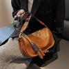 Vintage Brown Leather Cylinder Crossbody Bag with Ethnic Printed Wide Strap Retro Style Shoulder Purse for Daily & Casual Use