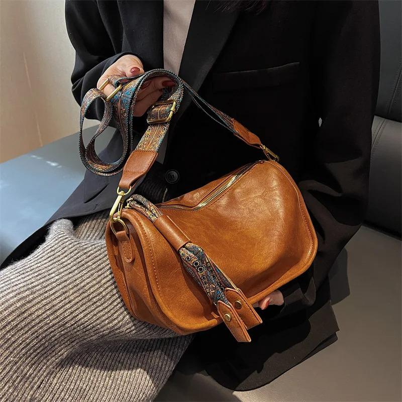 Vintage Brown Leather Cylinder Crossbody Bag with Ethnic Printed Wide Strap Retro Style Shoulder Purse for Daily & Casual Use