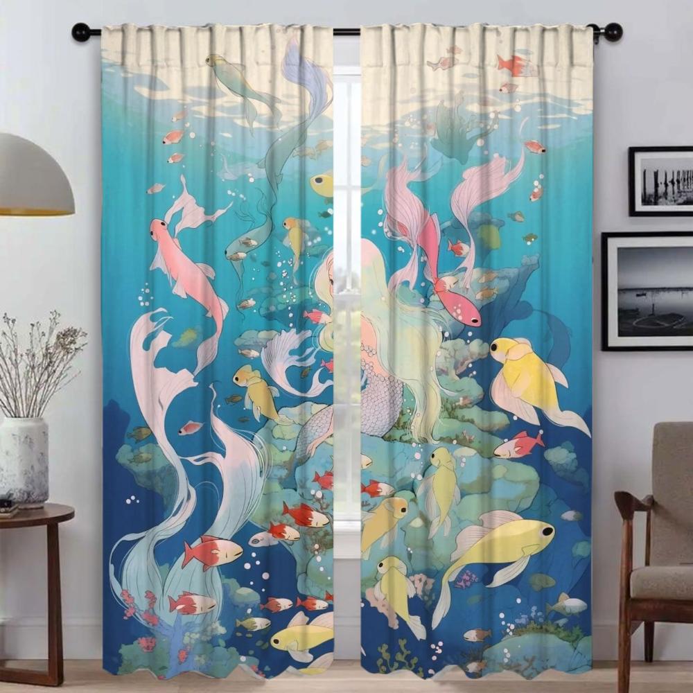 Mermaid Blackout Curtains for Living Room Home Interior Curtains 2 Pieces Window Curtain Tulle for Bedroom Halloween Decoration