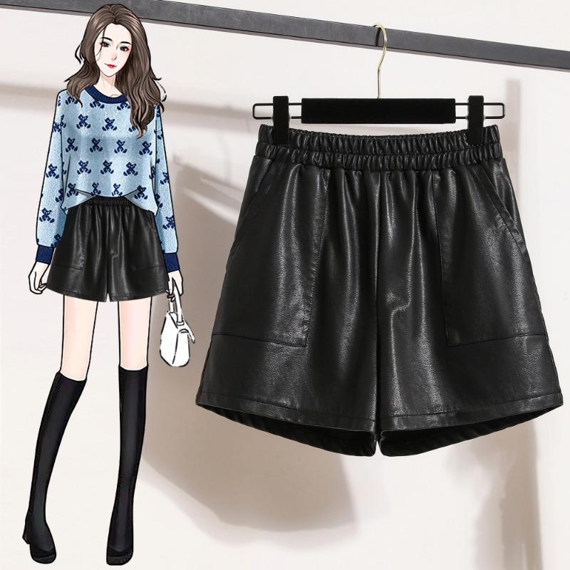 DIMANAF 2024 Übergröße Herbst Winter Shorts Damen Lässig Neu PU Leder Uni Locker Weitbein Hose Hohe Taille Kurze Hose