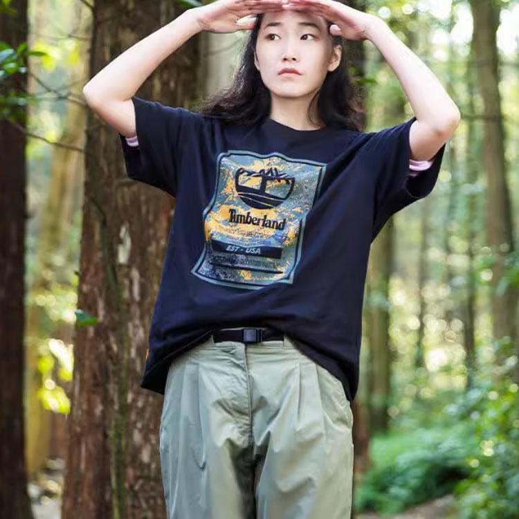 Timberland Graphic Print Casual Loose Round Neck Pullover Short Sleeve T-Shirt Unisex Tops Deep-Sapphire-Blue A5UX7-433