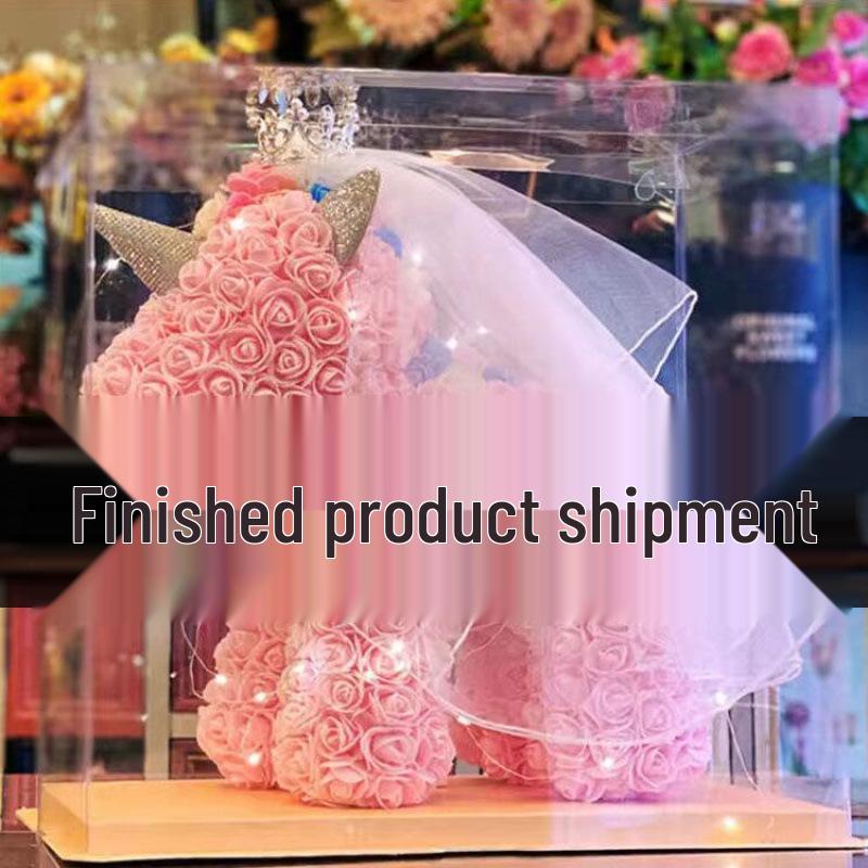 Qixi Unicorn Rose Preserved Flower & Teddy Bear Gift Set for Girlfriend or Kids