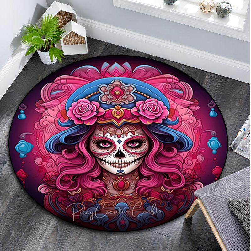 1Pc Day of the Dead Skull Circular Print Rug - Home Decoration Carpet For Living Room Bedroom Flooring Computer Chair Area Rug