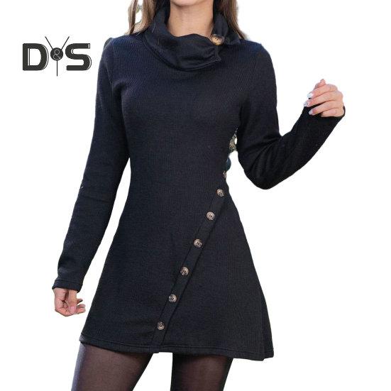 Ženy Podzim Zima Jednobarevné Minišaty Hromadný límec Dlouhý rukáv Boky Ohrnuté Knoflíky Dekor Krátké šaty Šaty s vysokým pasem Streetwear